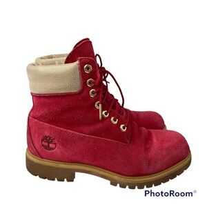 Timberland Holiday ‘Nice’ Themed Red Suede 6” Boots Mens Size 7
